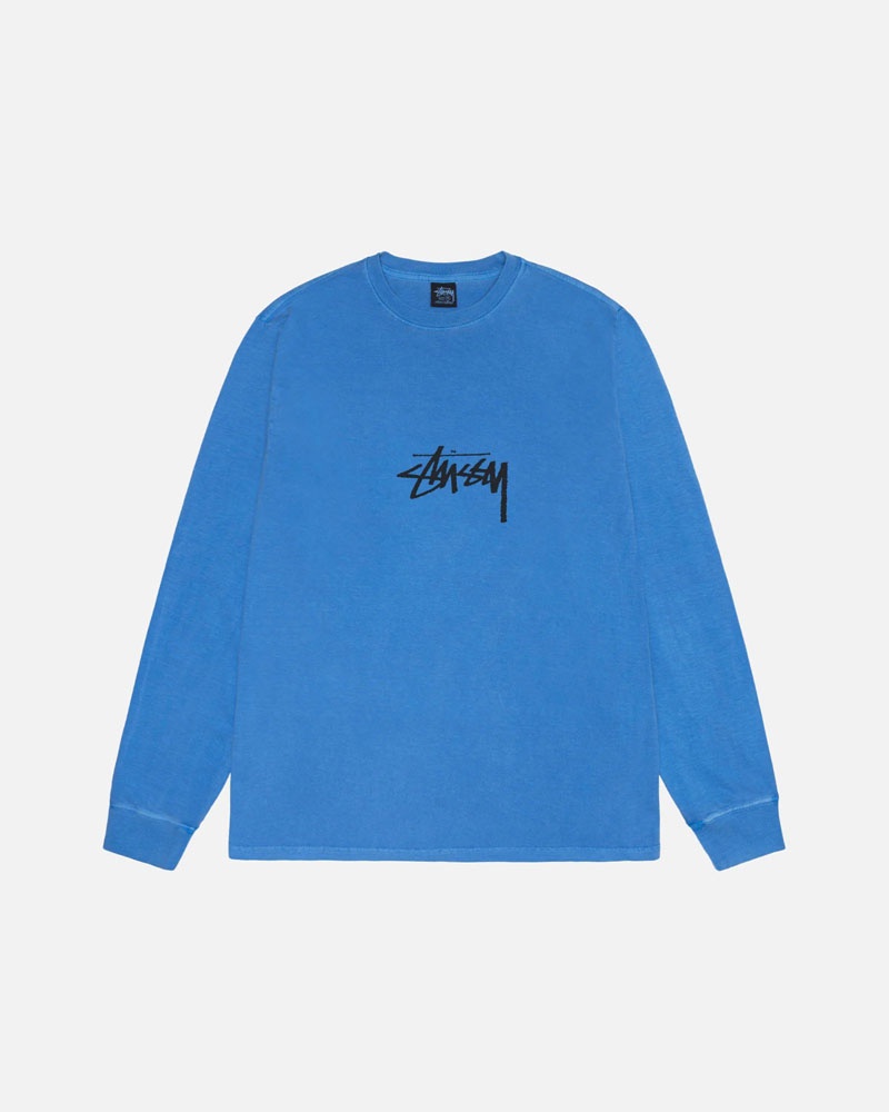 Stüssy Small Stock LS Tee Pigment Dyed Sweatshirt Blå | Sverige 731PTULYG