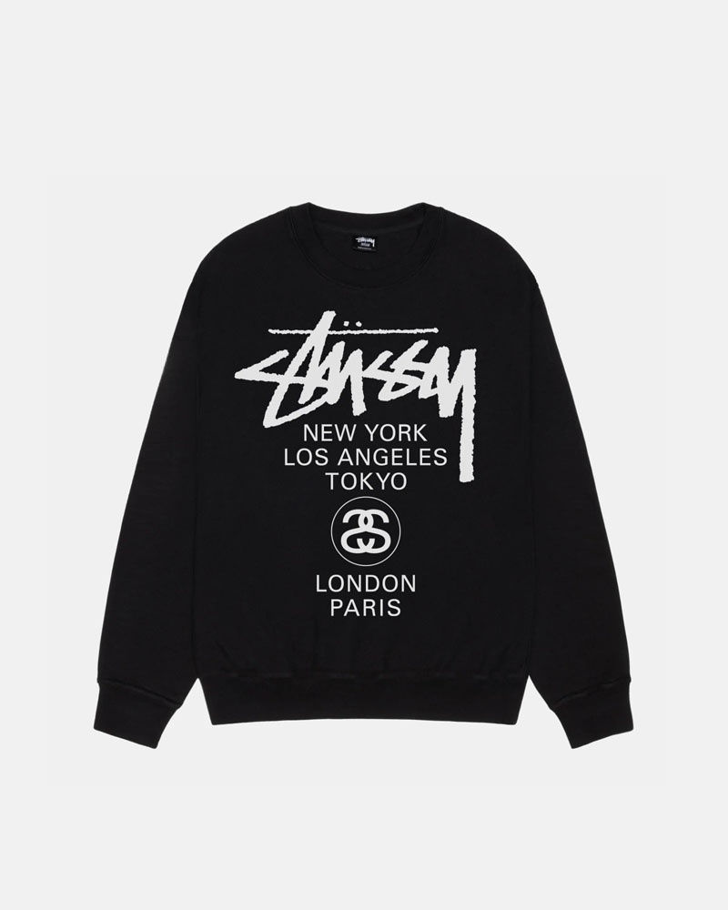 Stüssy World Tour Crew Pigment Dyed Sweatshirt Svarta | Sverige 375GOUYQP