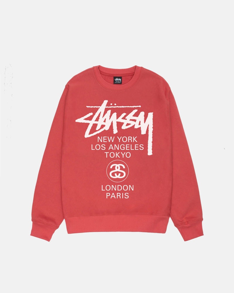 Stüssy World Tour Crew Sweatshirt Röda | Sverige 039BWOCLD