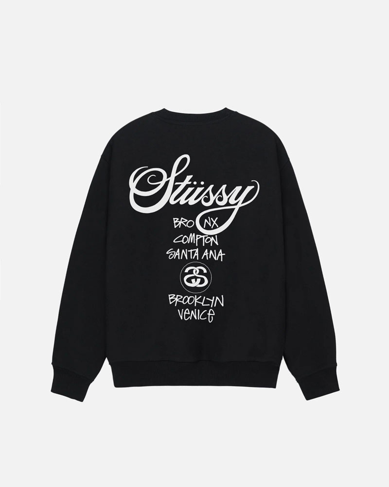 Stüssy World Tour Crew Sweatshirt Svarta | Sverige 601GNOPUR