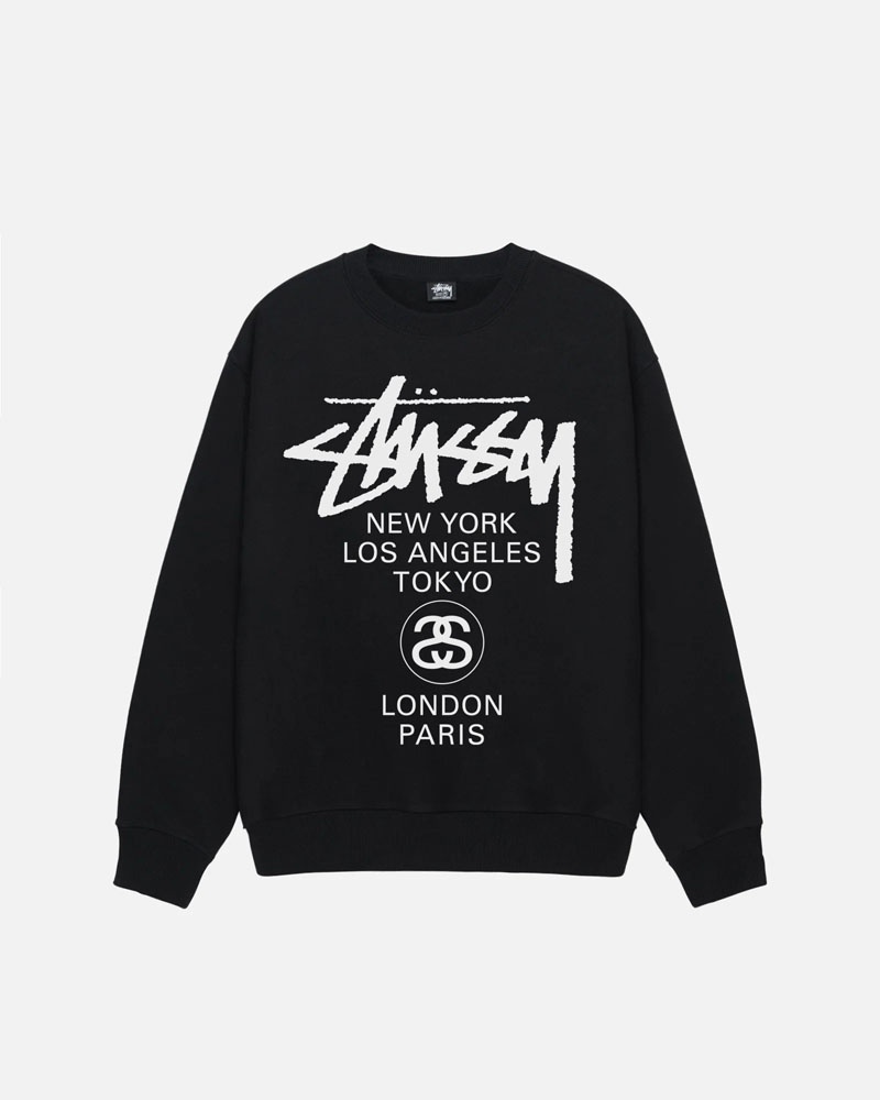 Stüssy World Tour Crew Sweatshirt Svarta | Sverige 601GNOPUR